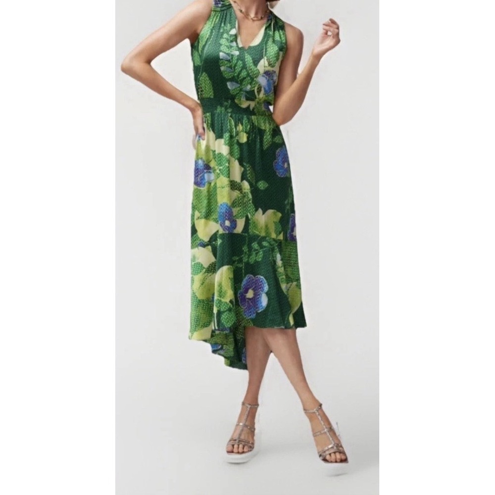 White House Black Market Maxi Dress 8 Green Floral Satin Leaf Garden Elegant